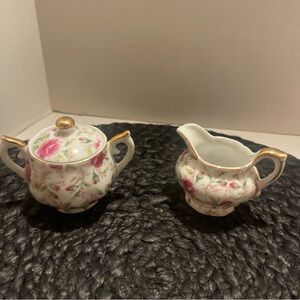 Vintage Lefton mini Porcelain Creamer and Sugar Set with Gold Trim